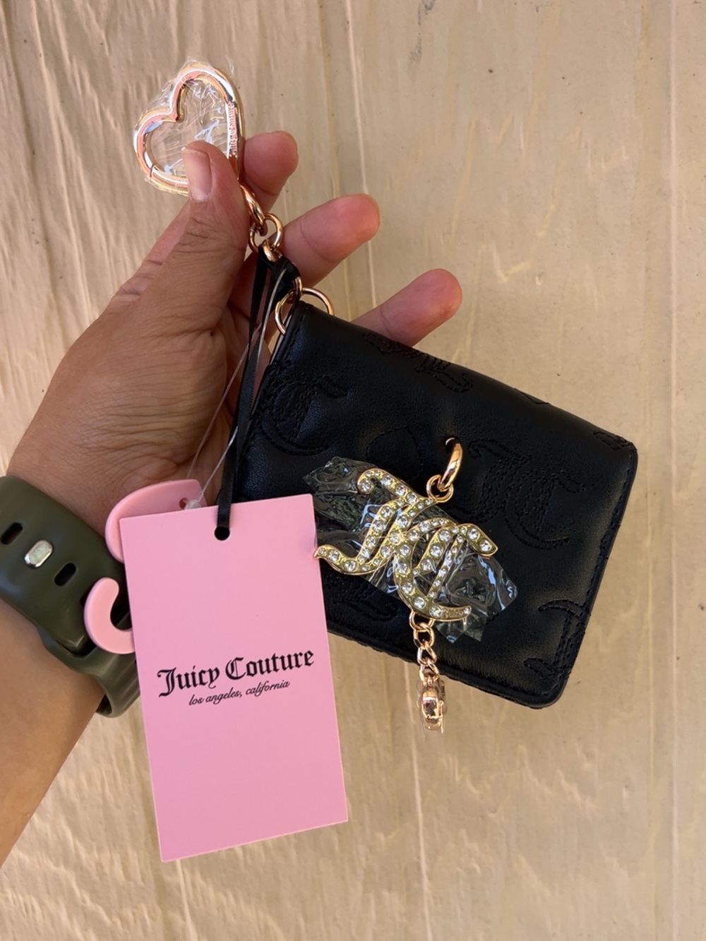 Juicy Couture Black Quilted Mini Wallet with Gold Jeweled Logo Charm
